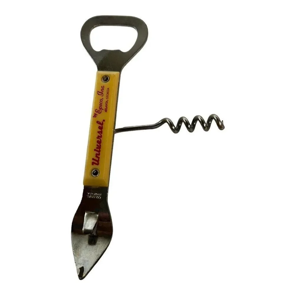 Vtg Bottle Can Opener w/ Corkscrew Yellow Handle Universal Epsco Inc Advertising